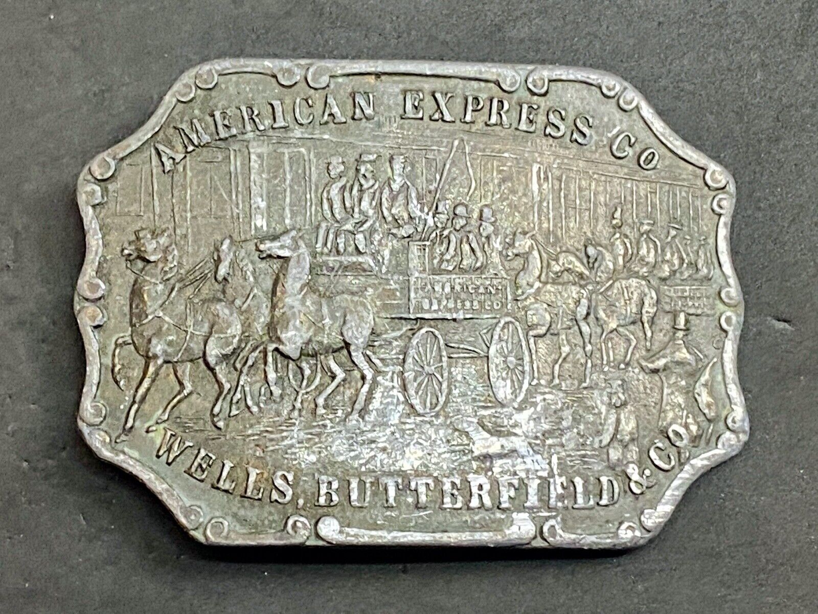 vintage american express wells butterfield belt buckle horses buggy - signed 