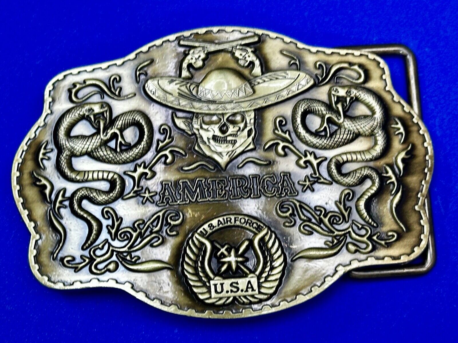 Air Force - America Skull in Cowboy Hat, Crossed Guns, Snakes, Eagle Belt Buckle