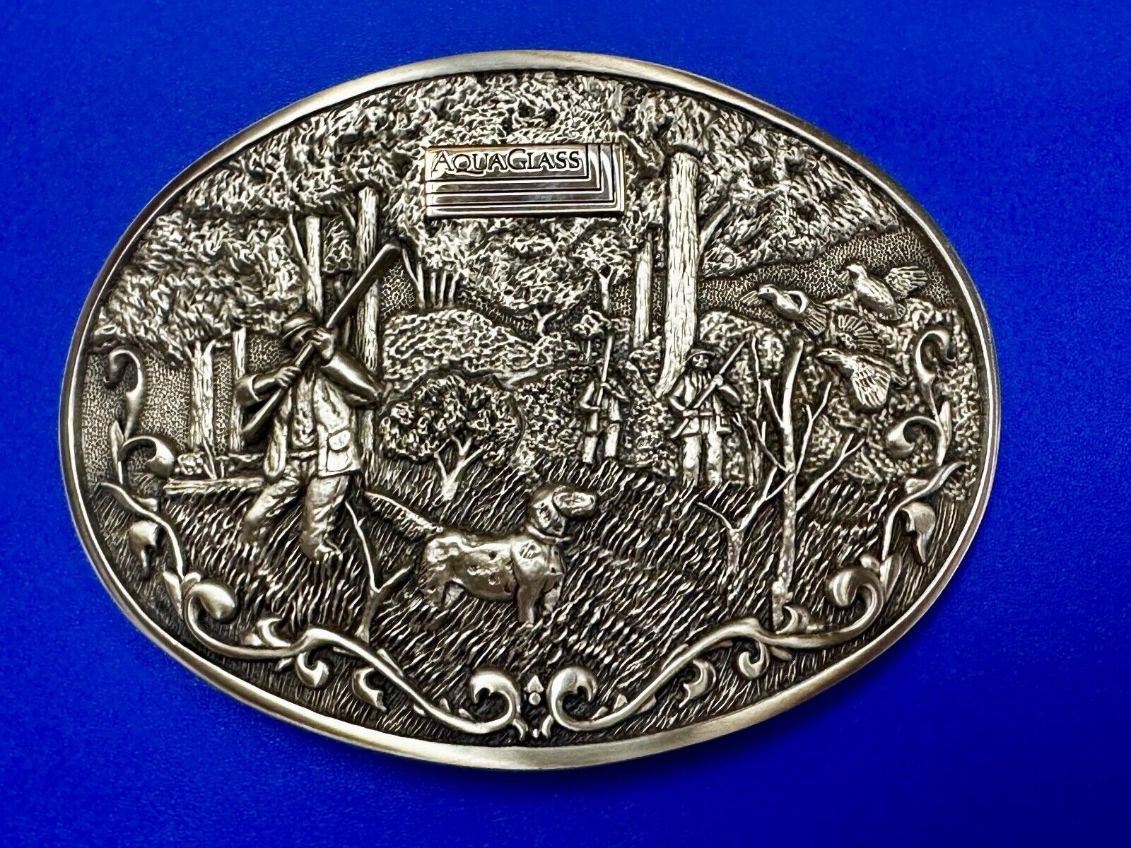 AQUAGLASS  10k Gold Emblem Hunting Dog OC Tanner Solid Brass Belt Buckle in case