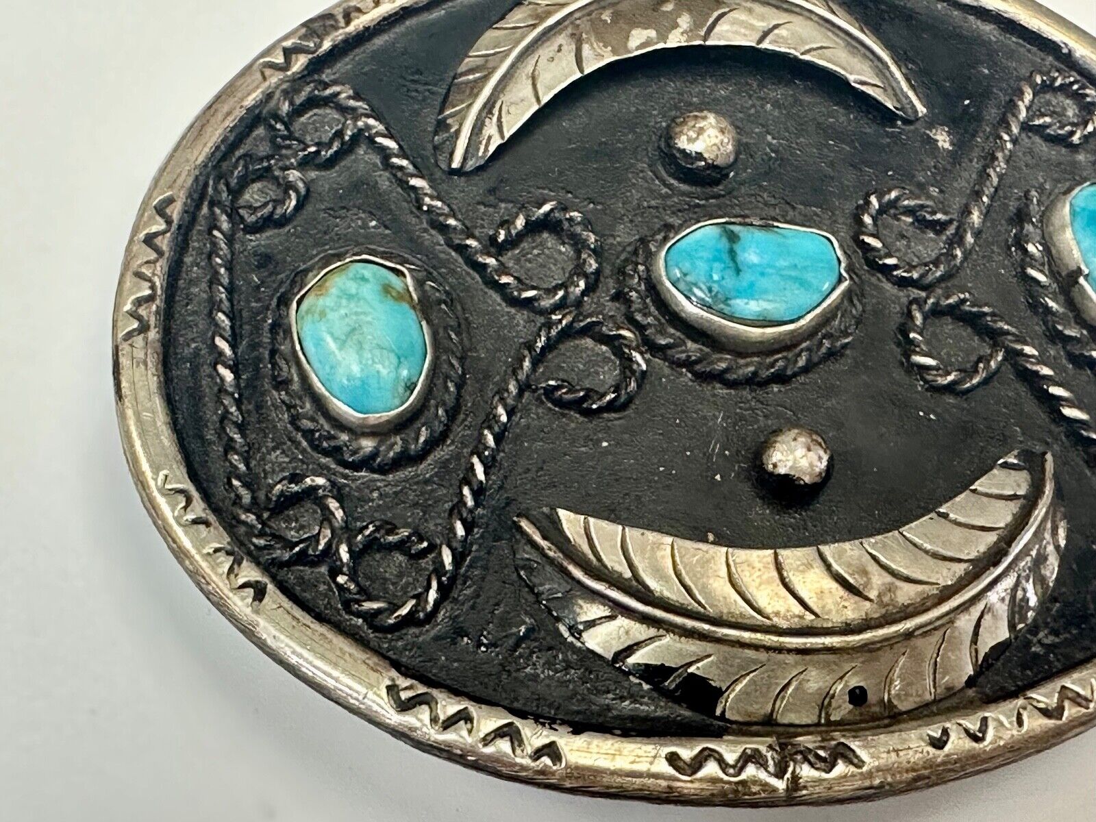 Turquoise stones raised feathers vintage belt buckle marked Sterling 0925 Mexico