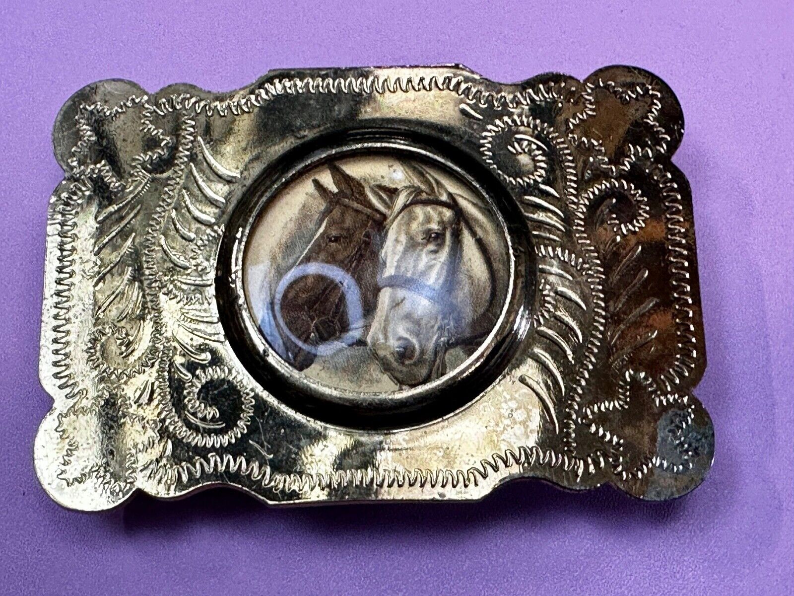 Two horse head picture (Or Your Morgan Silver Dollar!) western Belt Buckle