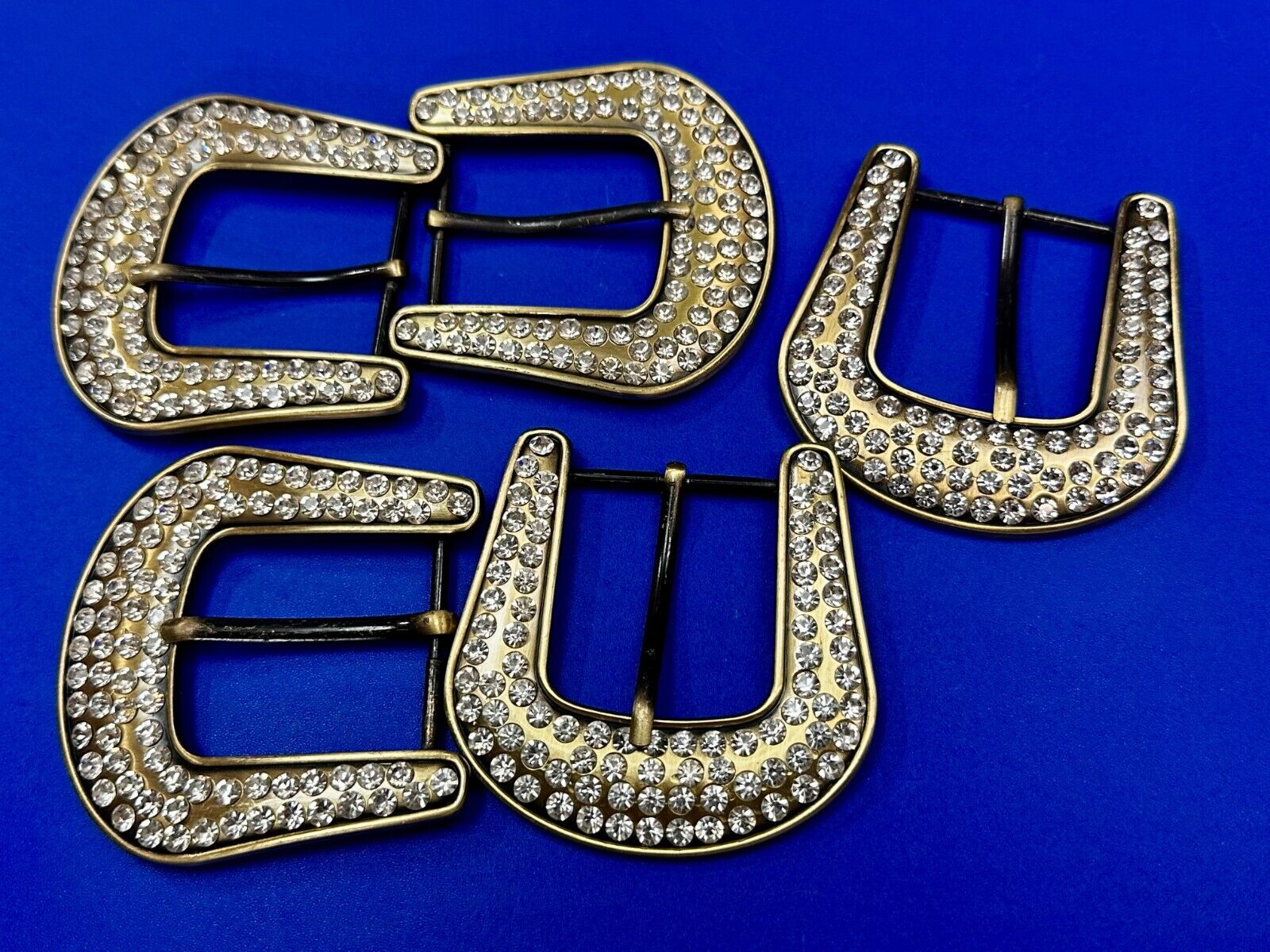 5 Lot Large Rhinestone Covered Ranger Style Gold Color NOS Western Belt Buckle