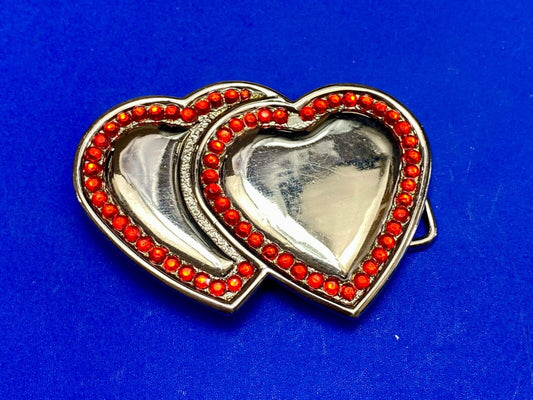 Two Jeweled Hearts Red Rhinestone outlining silver tone cutout belt buckle