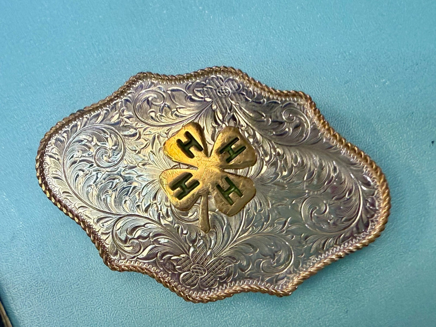 4H Leaf Swirl Ornate German Silver Montana Silversmiths Belt Buckle