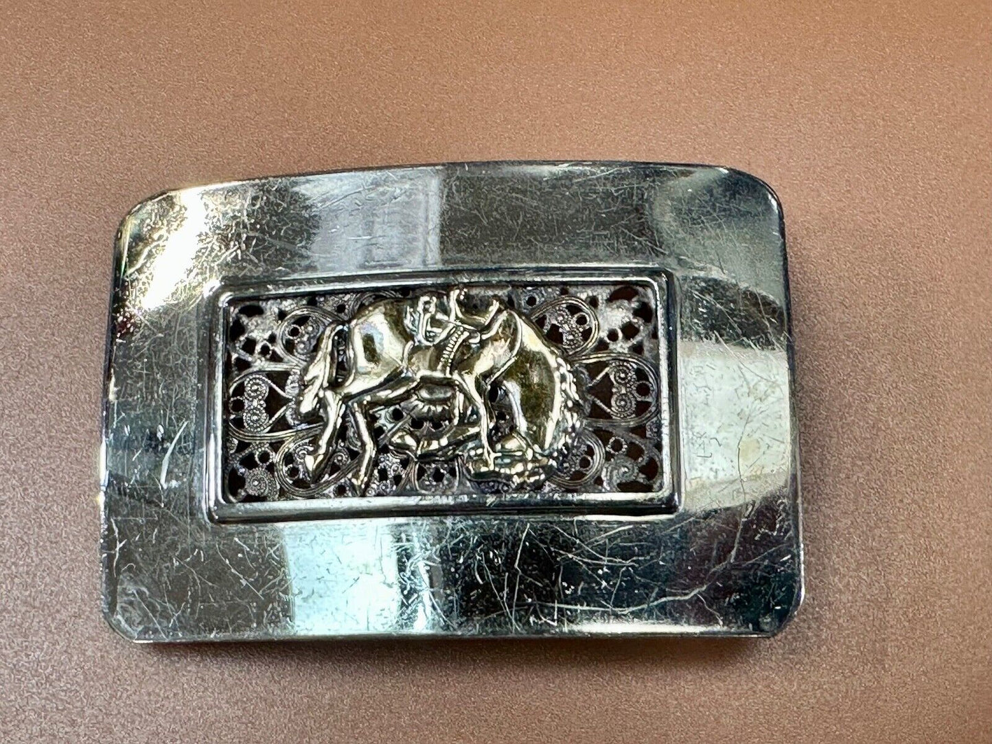 Unique Rodeo Cowboy Horse Saddle Bronc Nickel Silver Mesh Background belt Buckle