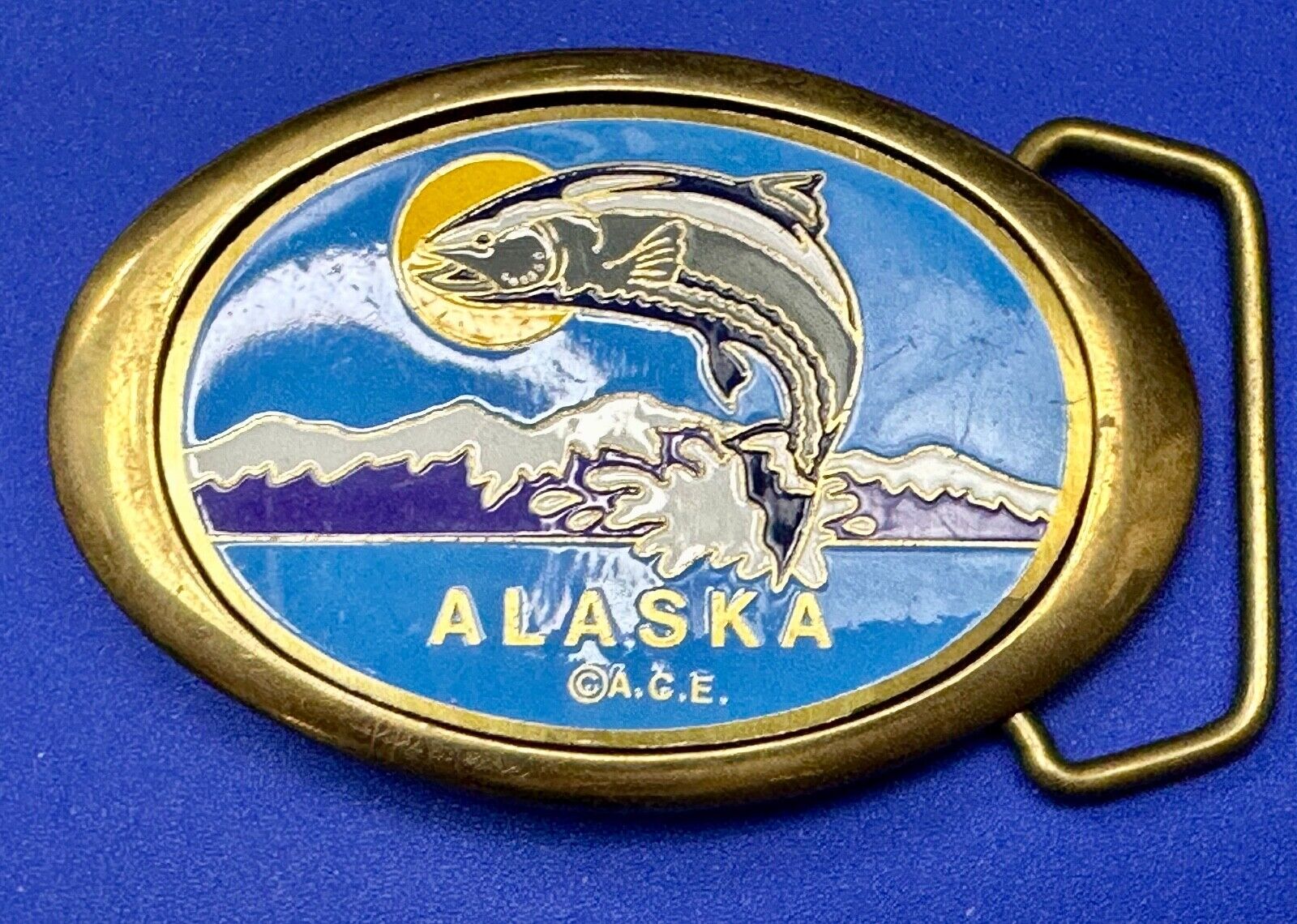 Alaska A.C.E. Jumping Fish - Vintage Solid Brass oval Belt Buckle  QB-101