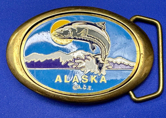 Alaska A.C.E. Jumping Fish - Vintage Solid Brass oval Belt Buckle  QB-101