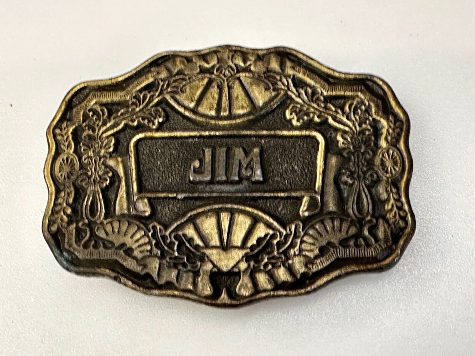 1970s  JIM Name - Custom Brass Tone Metal Oden USA Personalized Belt Buckle