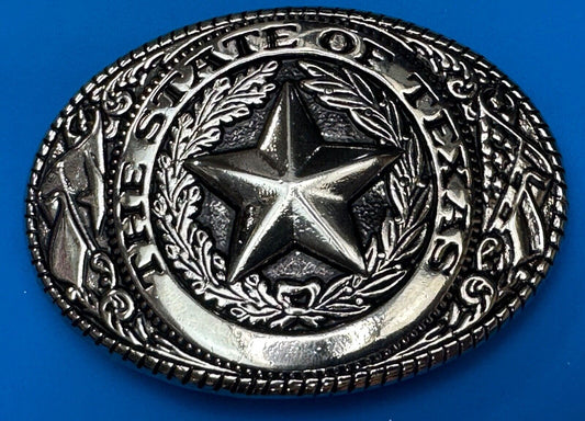The Great State of TEXAS Star Flag Olive Branch Silver color oval Belt Buckle