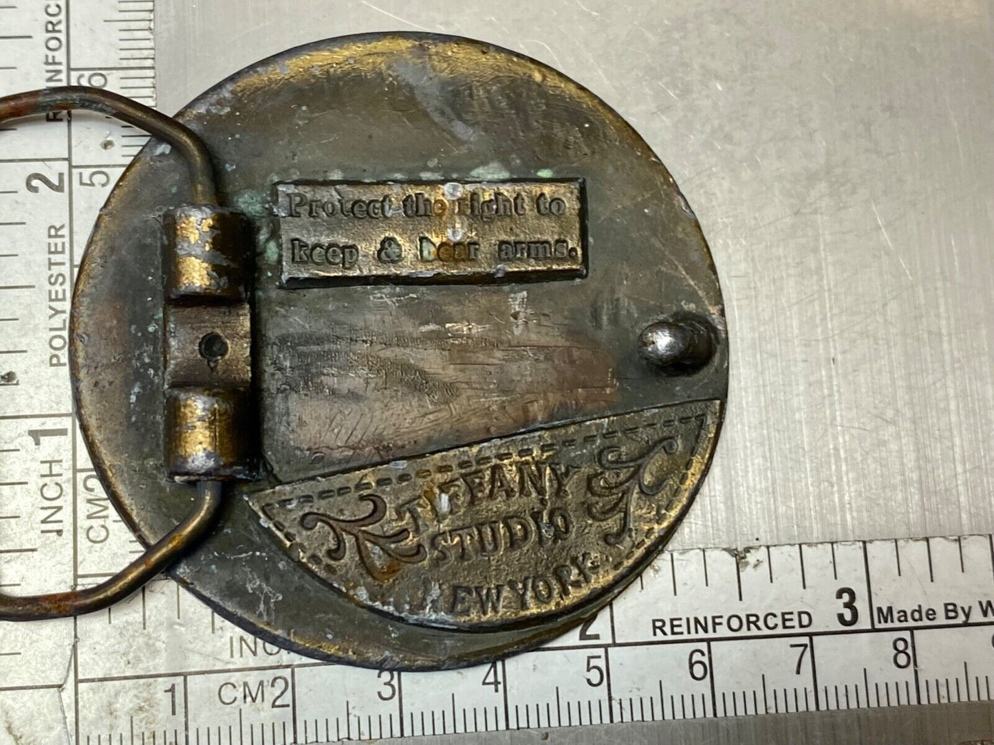 American Muzzle Loaders Vintage Tiffany Studio NY belt buckle Protect Gun Rights