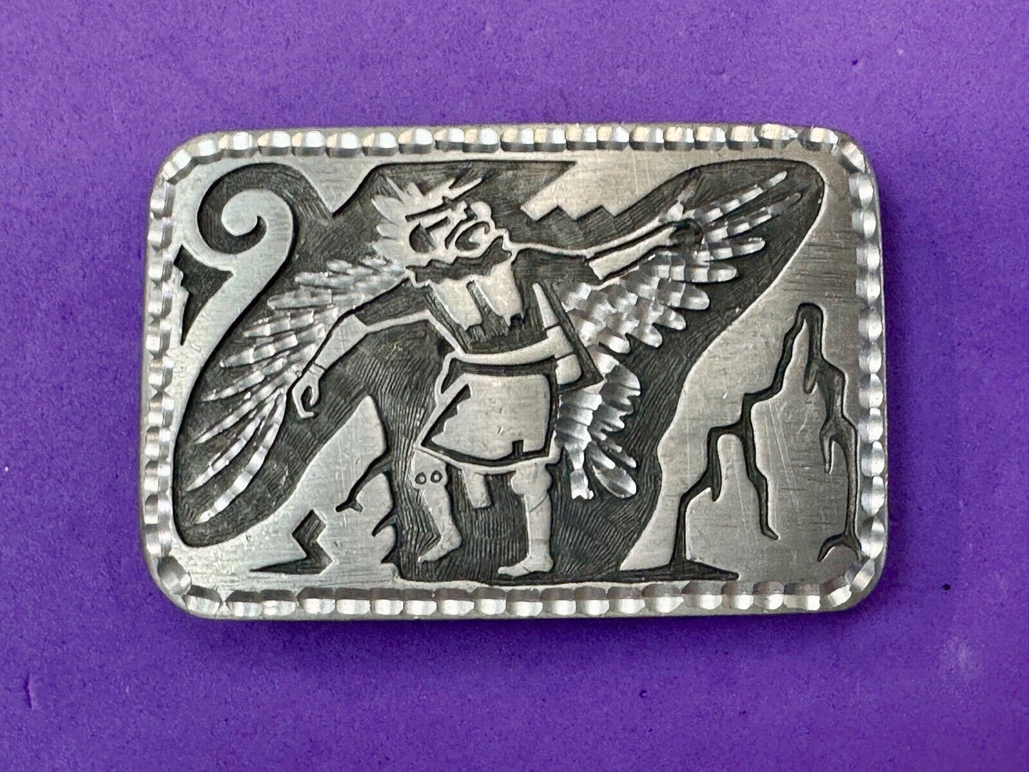 Unique Carving Ancient Mayan God Man Wings etched pewter vintage belt buckle
