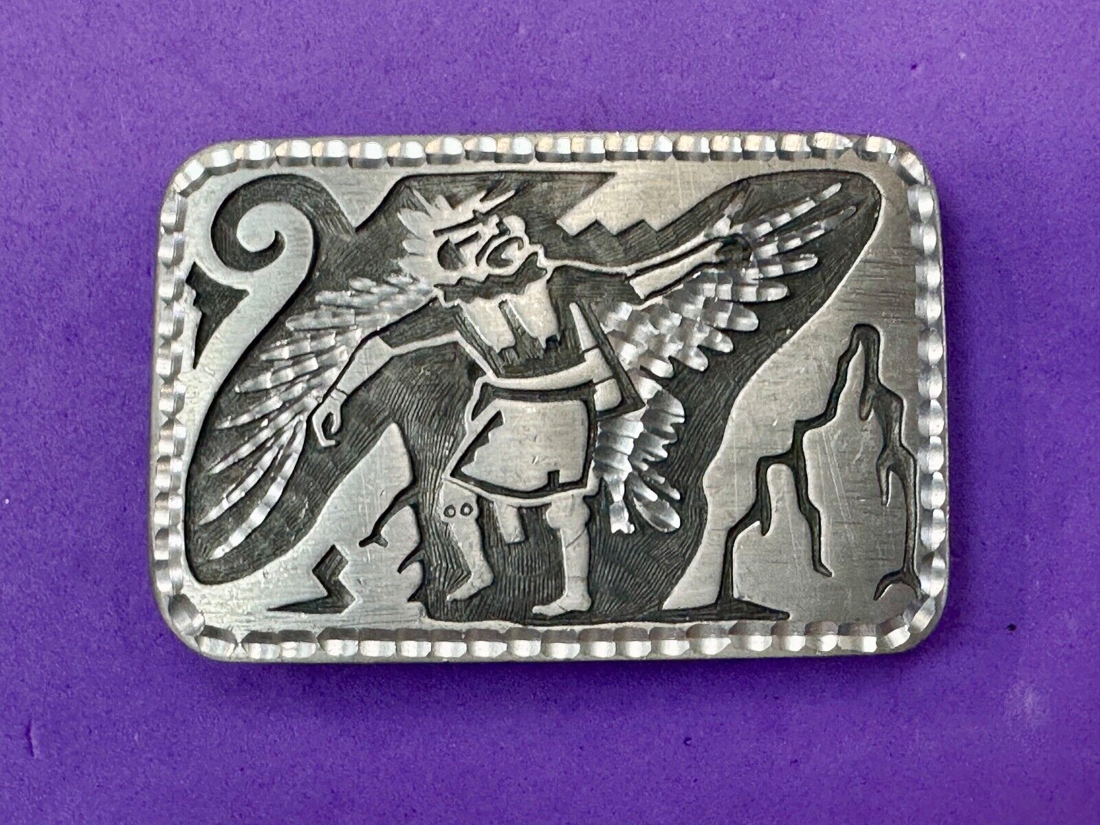 Unique Carving Ancient Mayan God Man Wings etched pewter vintage belt buckle