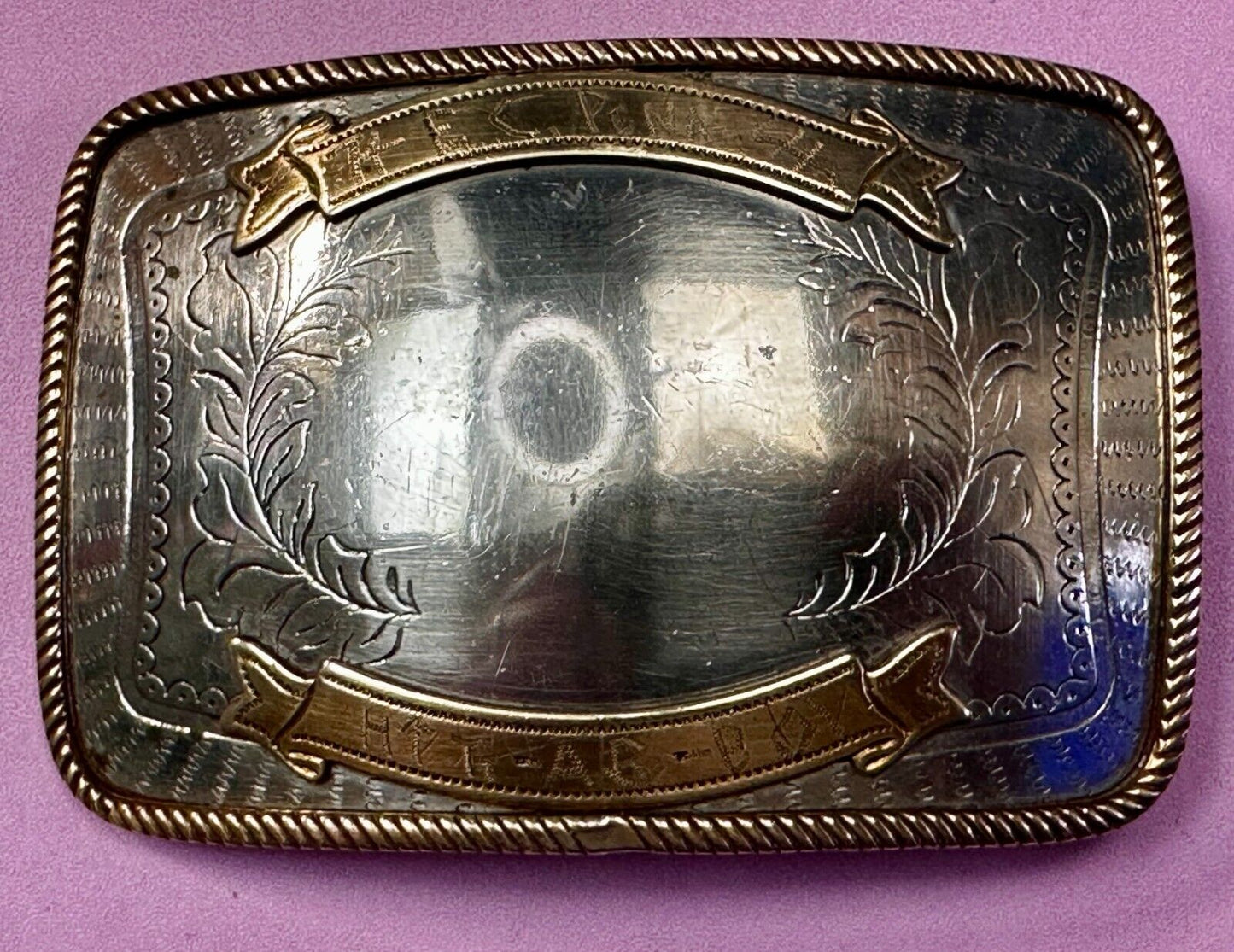 Vintage  E.C Pena Blank Ribbon Engraved Award Trophy Nickel Silver Belt Buckle