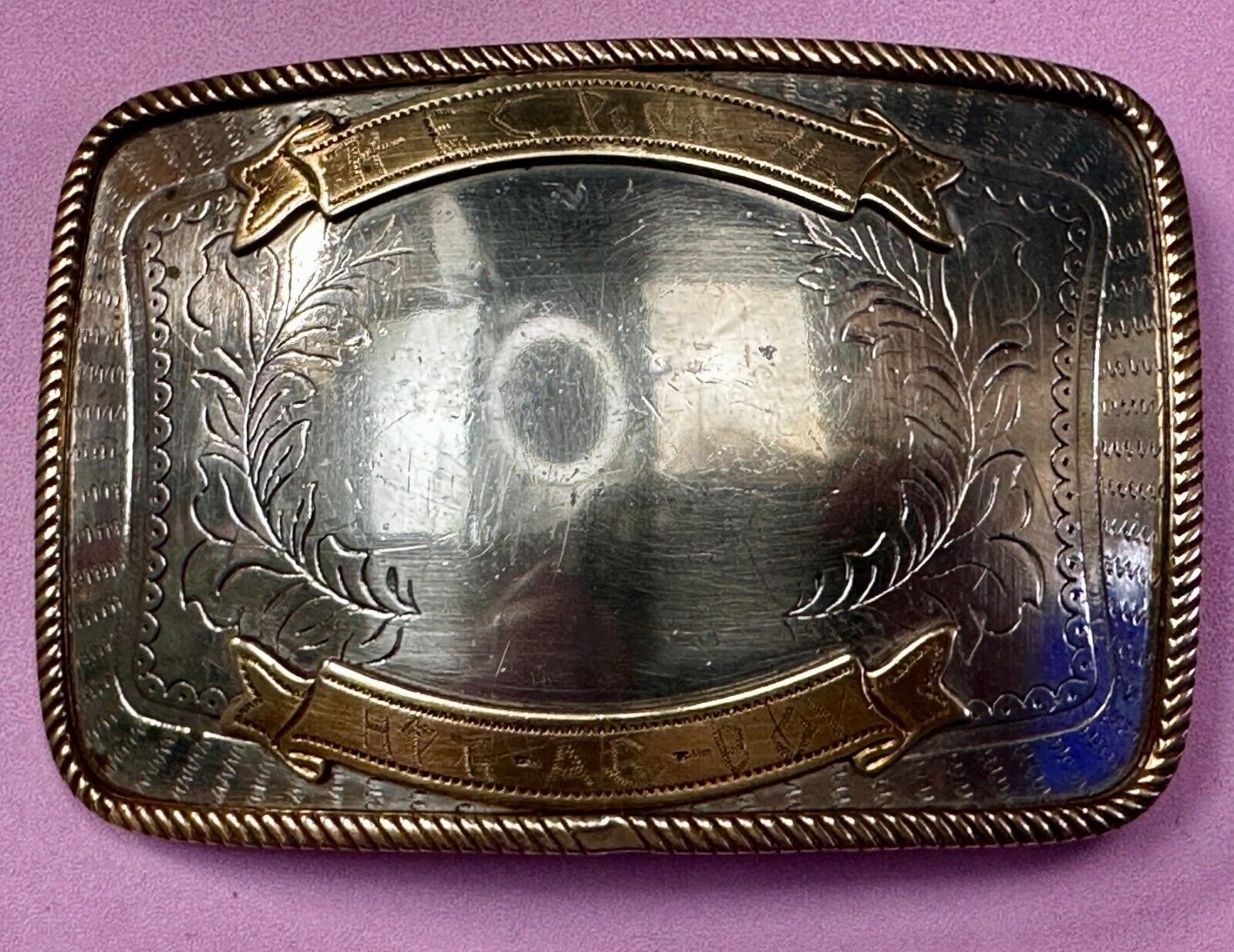 Vintage  E.C Pena Blank Ribbon Engraved Award Trophy Nickel Silver Belt Buckle