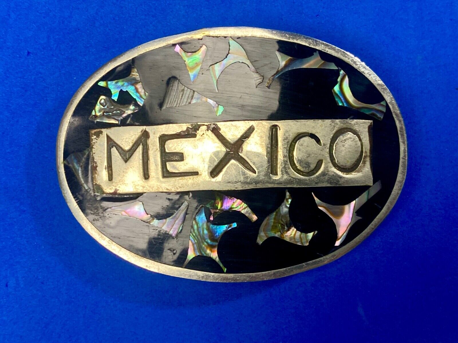 Vintage Inlaid Mother of Pearl MEXICO Spelled Out country belt buckle 