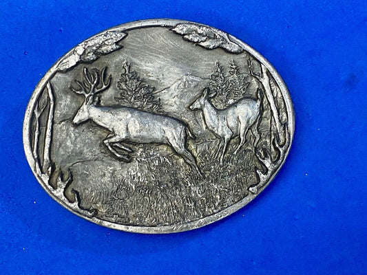 Vintage 1985 Two grazing Deer in nature belt buckle by C+J