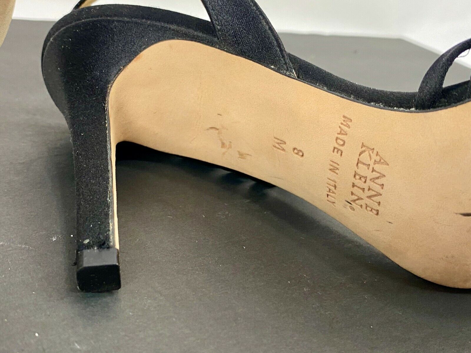 ANNE KLEIN Black Satin Strappy Dress 4" Heels Sandals Stiletto 8 M