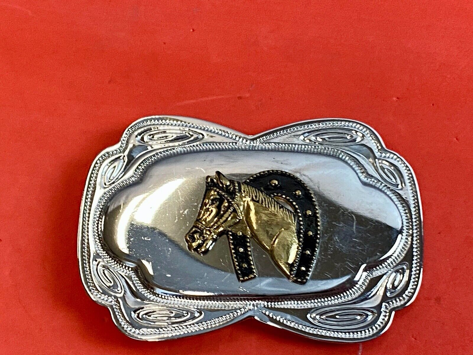 VINTAGE DIMENSIONAL WESTERN HORSE HEAD through HORSESHOE EQUESTRIAN BELT BUCKLE 