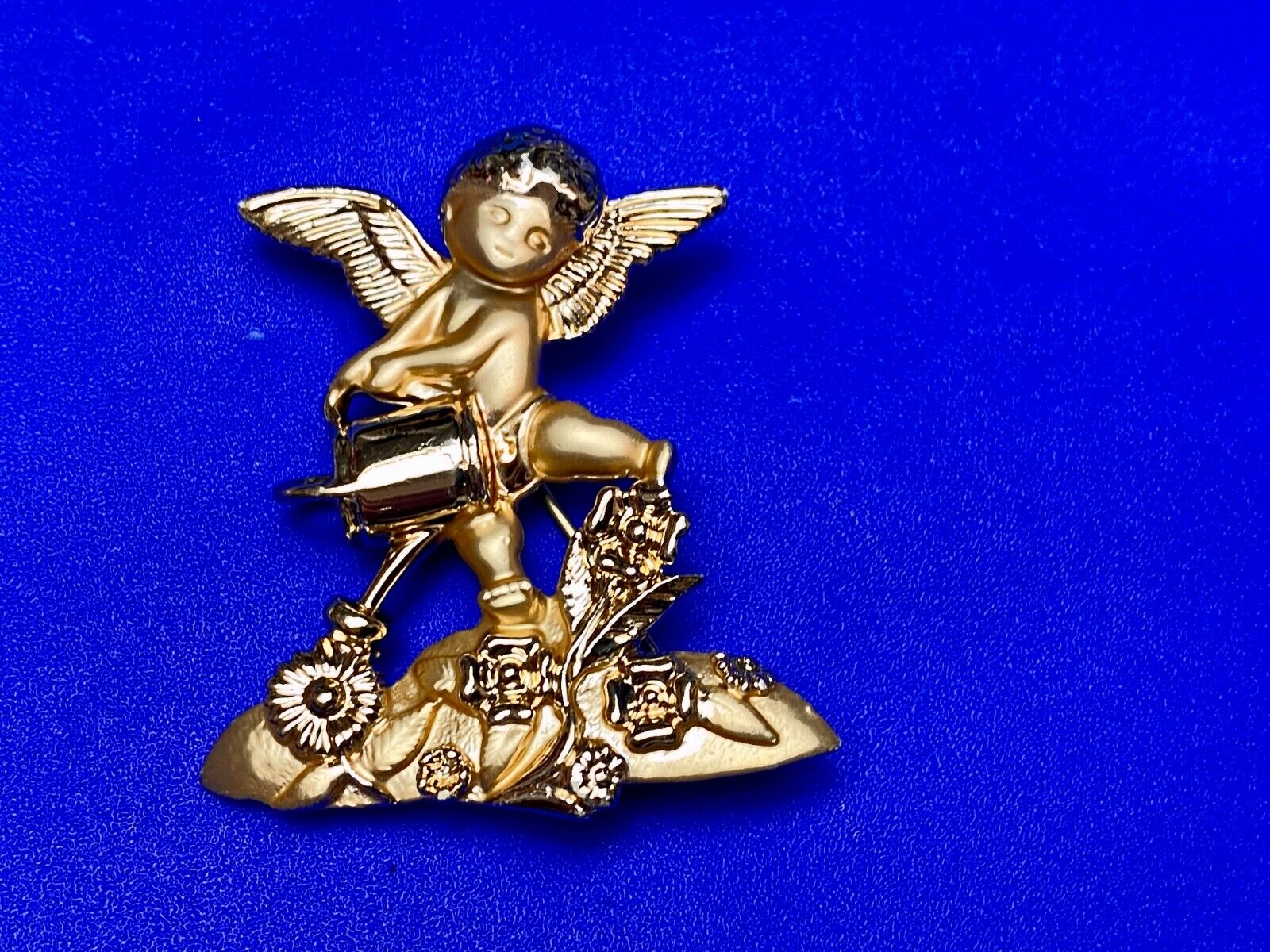 Angle Watering Flower Garden Plants Cupid Brooch Pin Signed AJC 