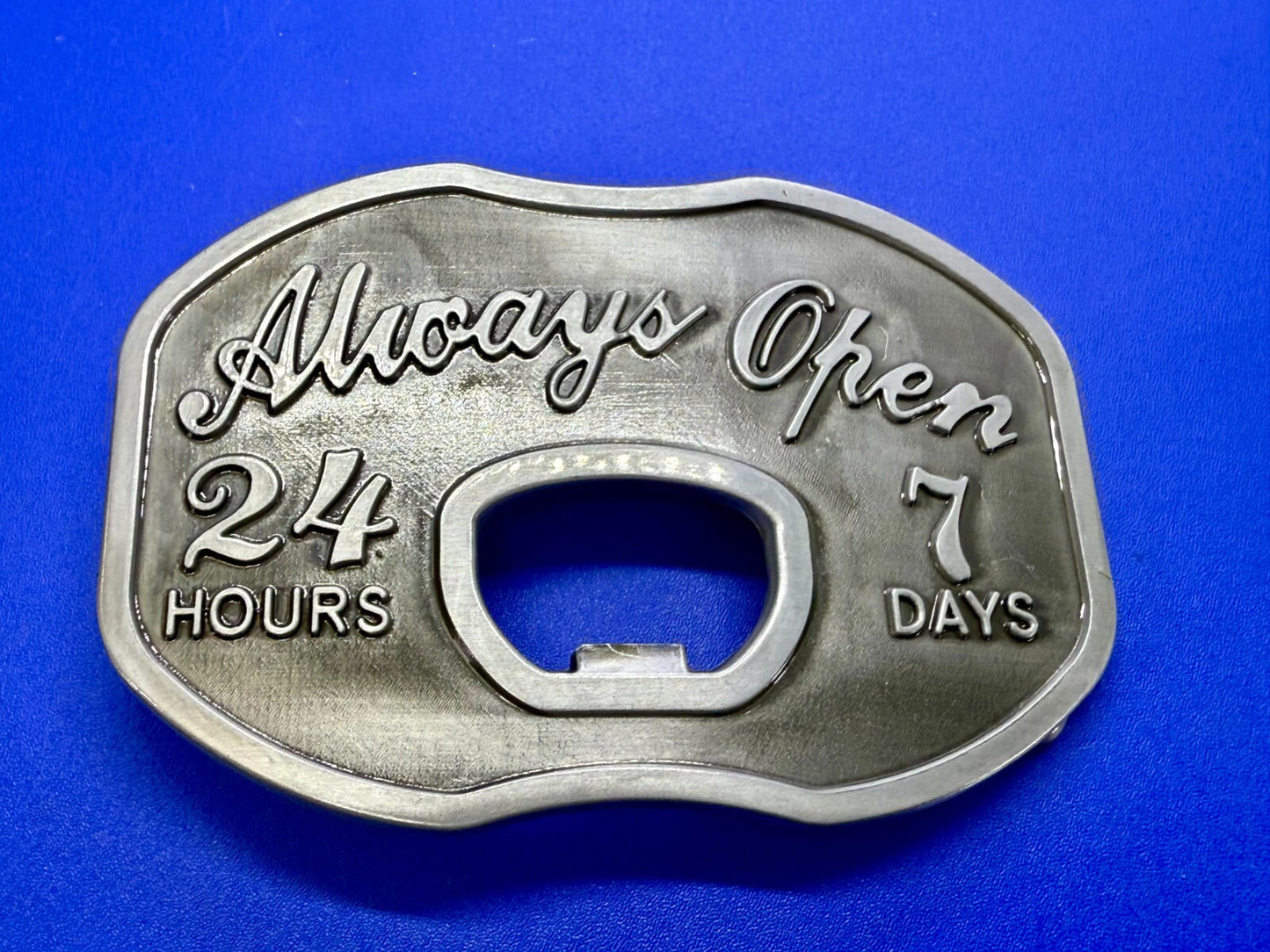 Always Open 24 / 7 Belt Buckle and Bottle Opener - Perfect Bar Pickup Line!