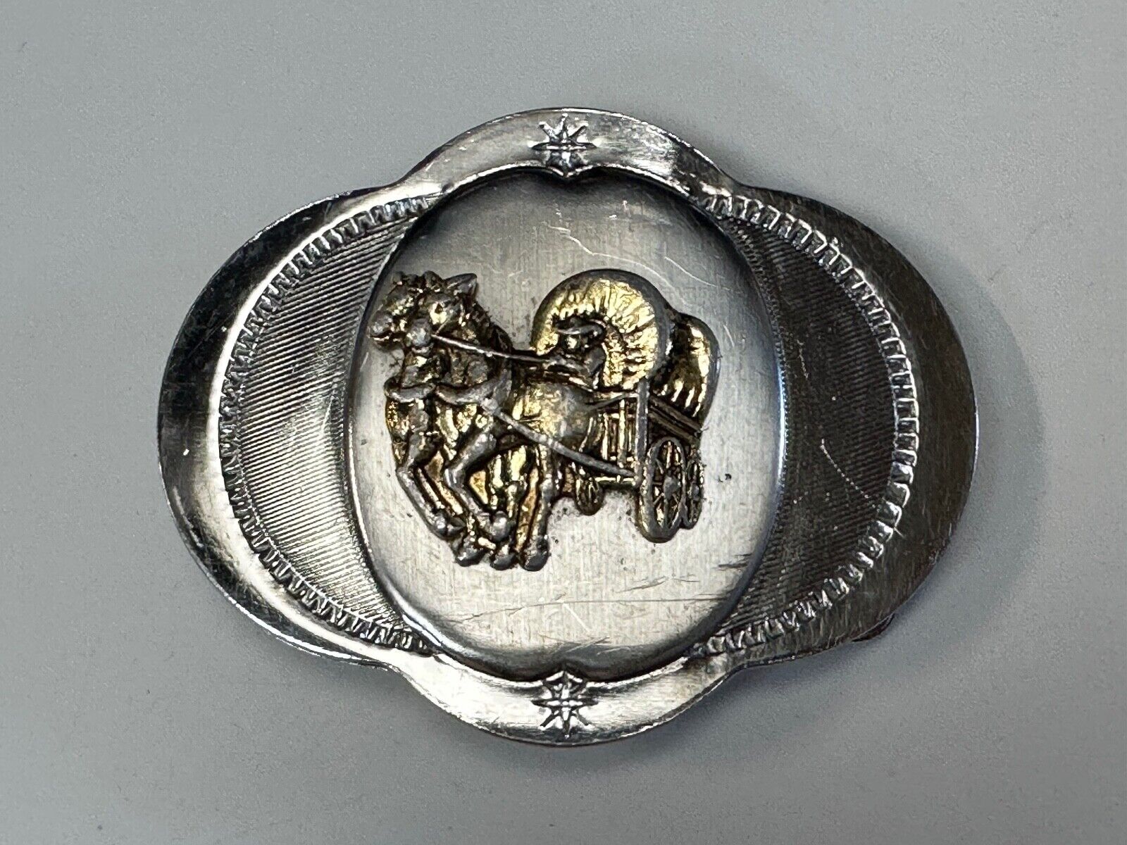 Vintage Horse Drawn Covered wagon on ornate western two tone belt buckle