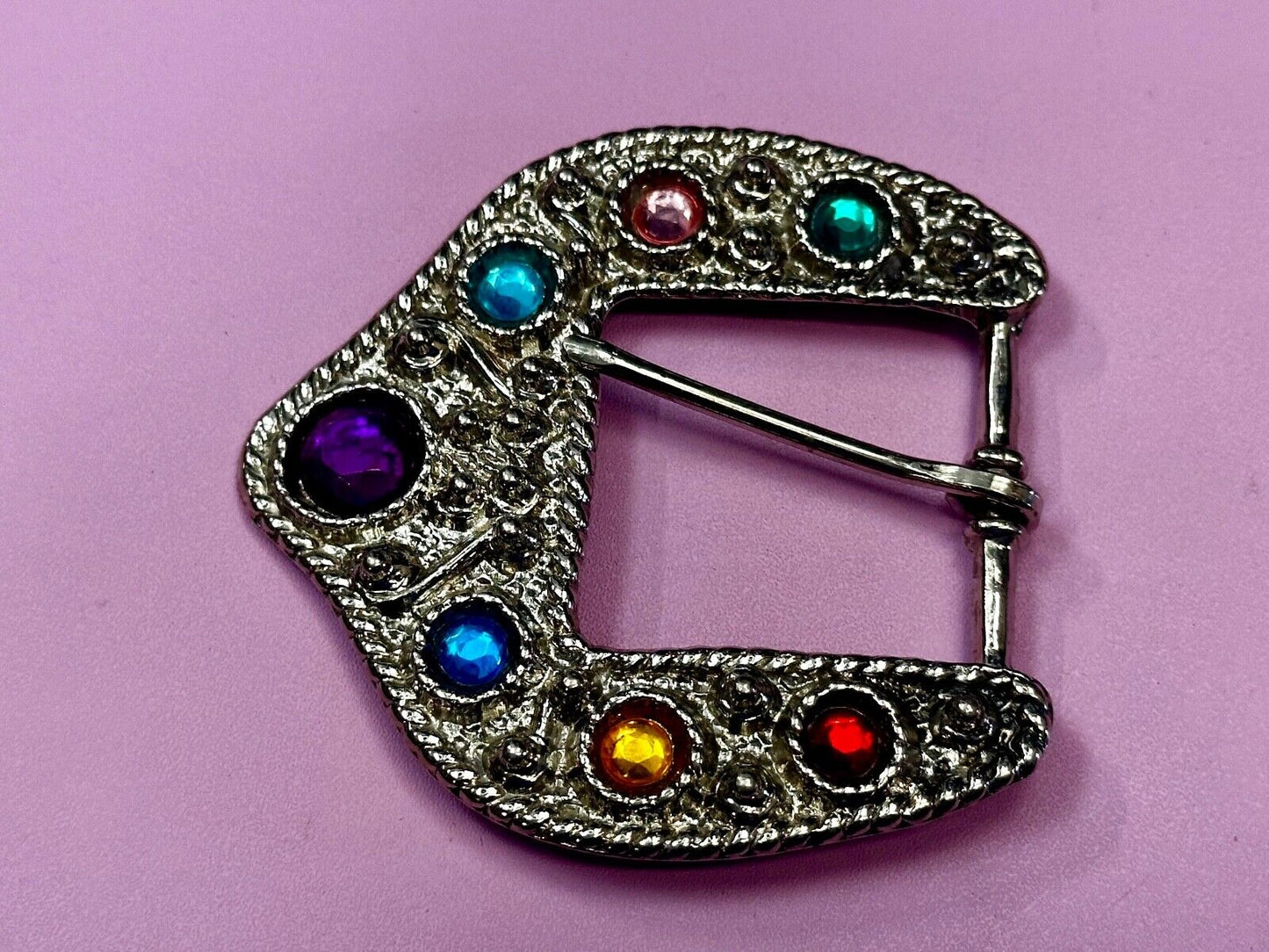 Unique Silver tone Replacement Belt Buckle w/ multi colored Rhinestone accents