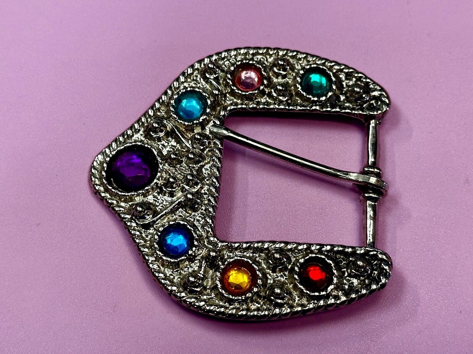 Unique Silver tone Replacement Belt Buckle w/ multi colored Rhinestone accents