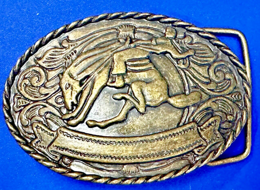 Abstract Vintage Cowboy Saddle Bronc western belt buckle with award ribbon
