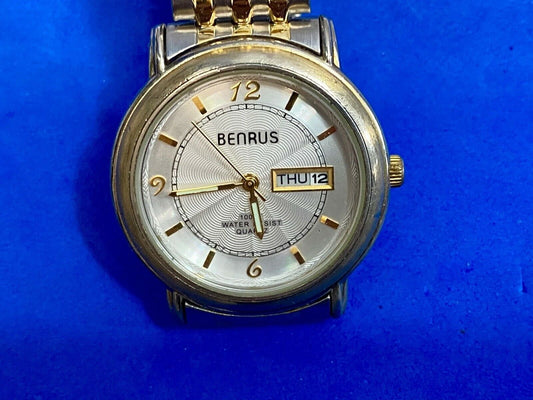 Benrus Day Date Bnw708  Two Tone Stretch Band Watch Working Well, Fresh Battery!