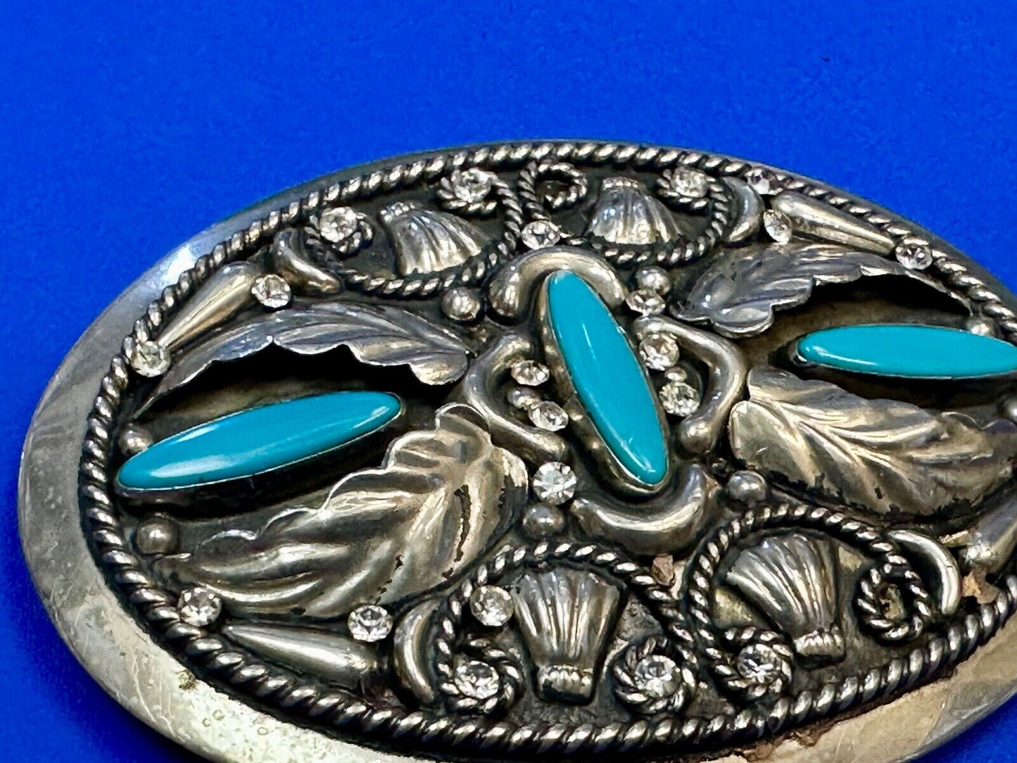 Vintage Faux Turquoise and Feather's Beautiful Alpaca Mexico Stamped Belt Buckle