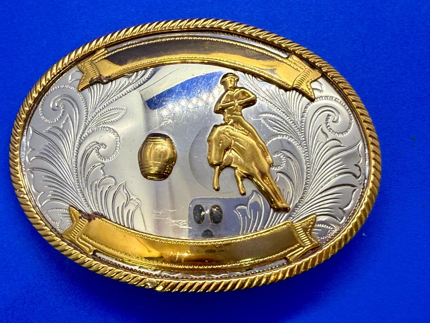 Vintage Barrel Racing Trophy Award Blank Ribbon Vtg. German Silver Belt Buckle