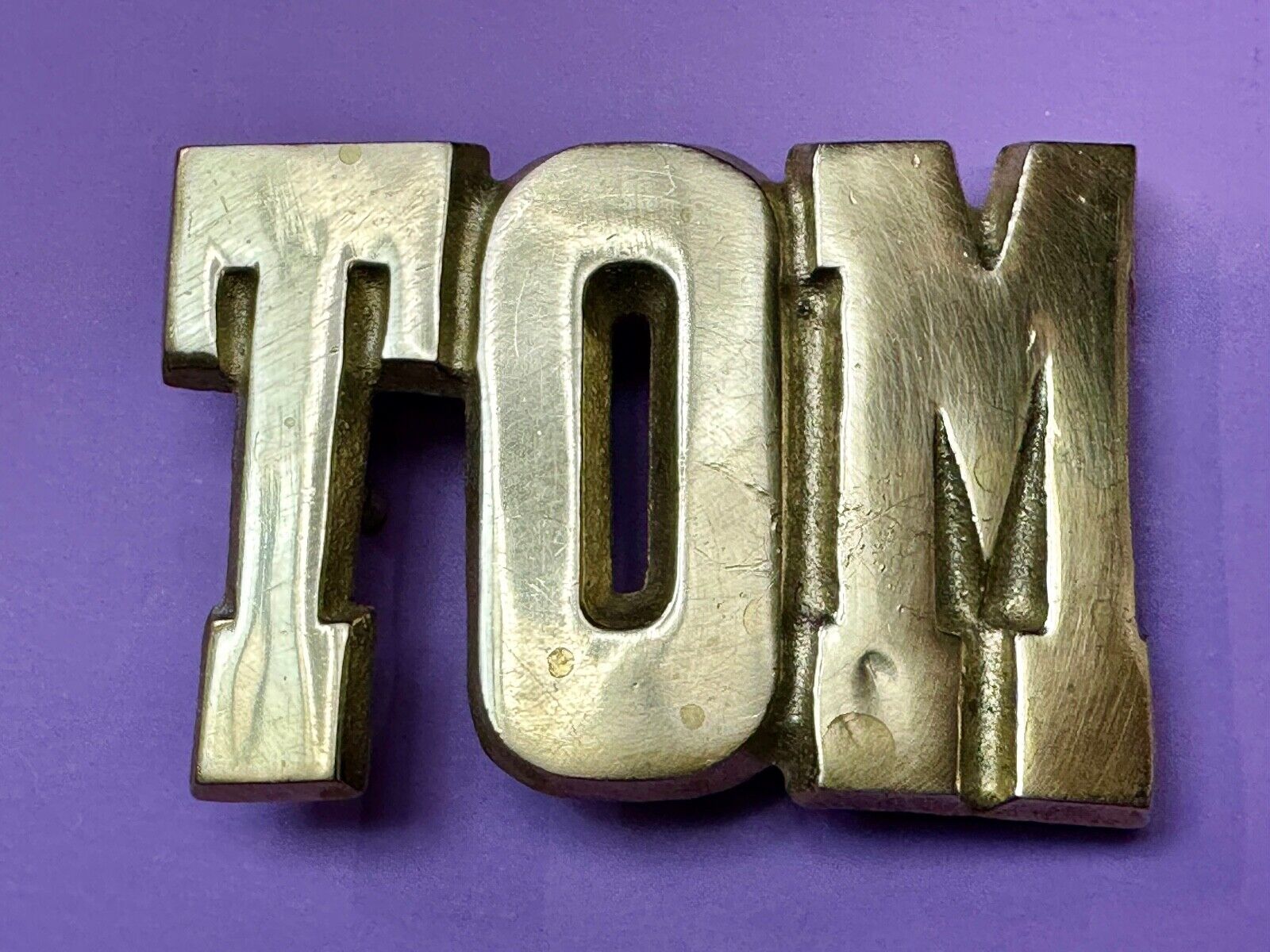 TOM Custom Name in cutout block letters solid brass belt buckle - Taiwan ROC