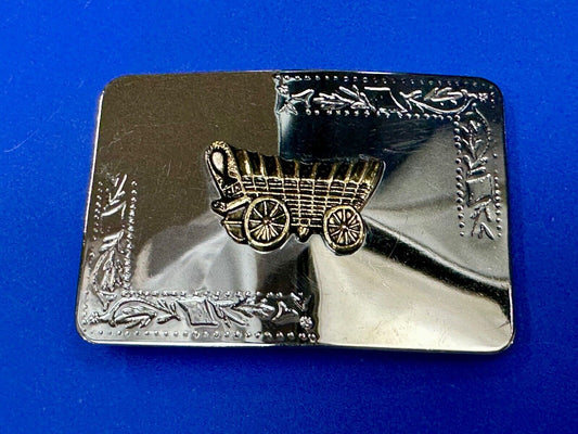 Vintage Covered Wagon two tone reflective rectangular belt buckle