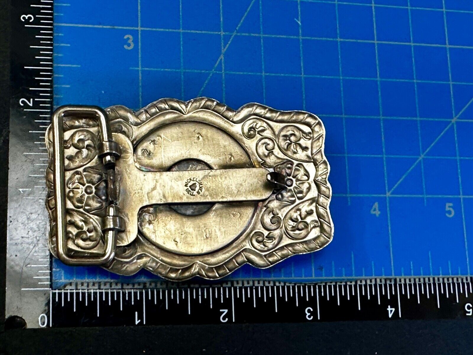 1960s Bell Trading Post Nickel Silver W/ Round Simulated Turquoise Belt Buckle