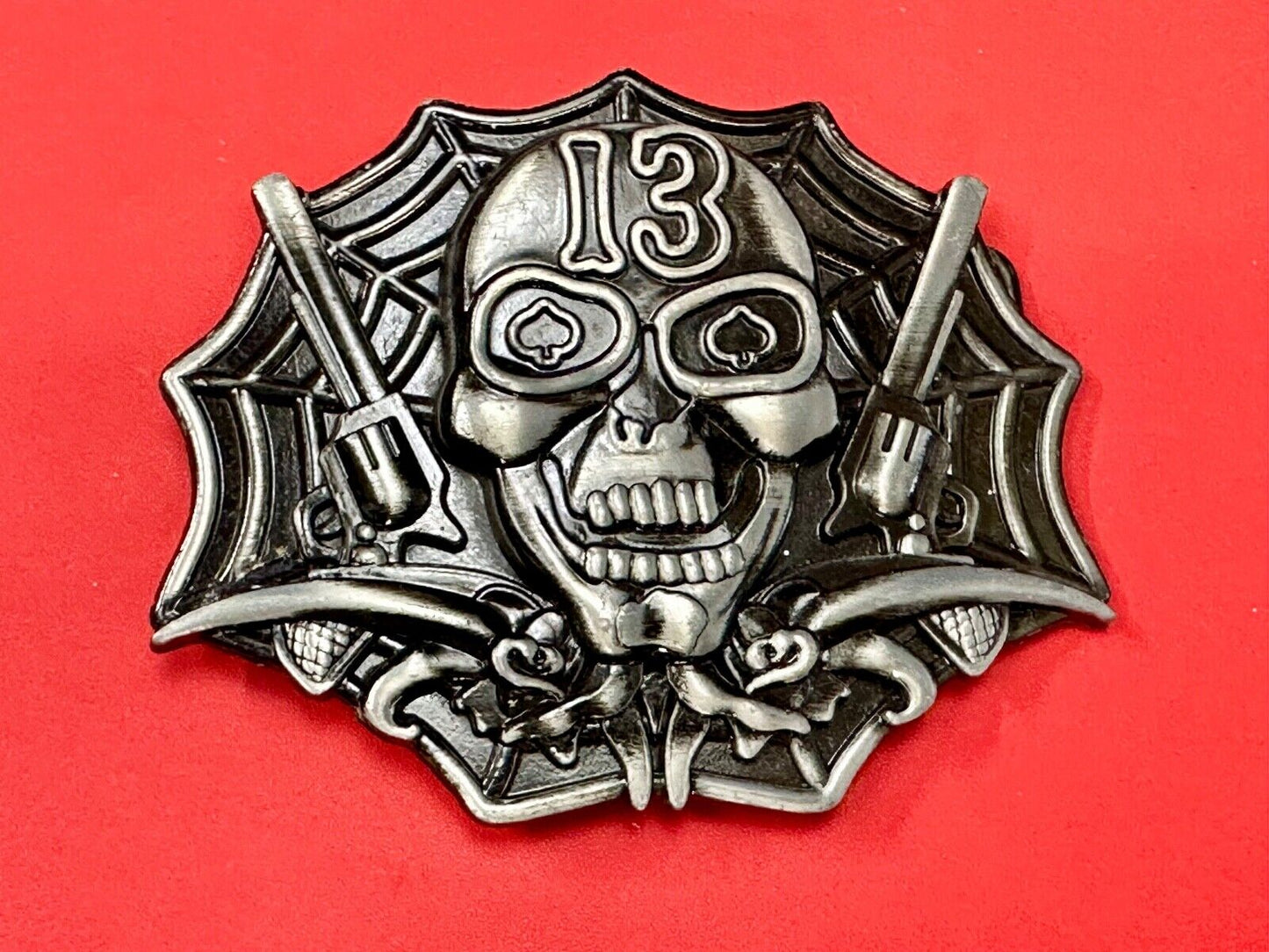 Vampire Skull with bat wings and number 13 metal belt buckle