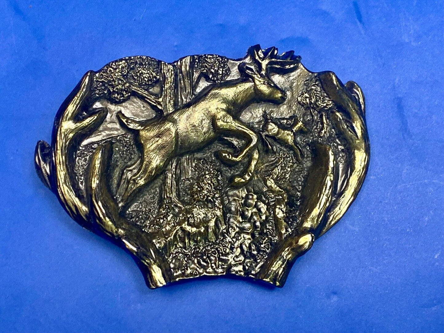 3D Buck Deer & Doe in woods - Vintage Belt Buckle 1982 Great American Buckle Co.