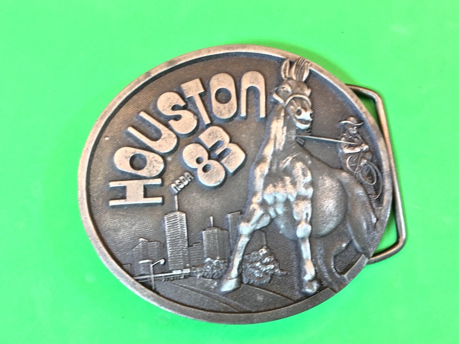 Vintage Houston 83 NSDA  belt buckle - National Soft Drink Assn!  Horse Cowboy  