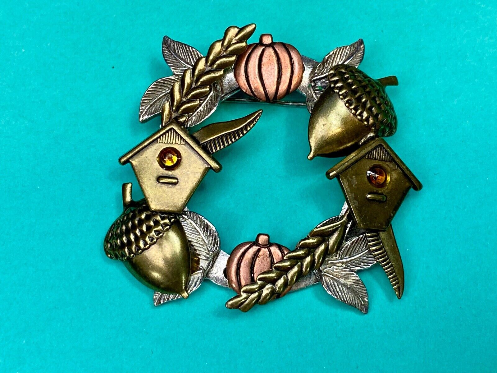 Acorns & Pumpkin Birdhouse Wreath Autumn Fall Theme Brooch Pin Jewelry
