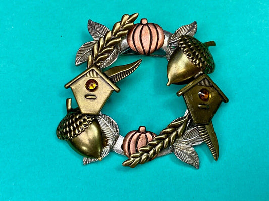 Acorns & Pumpkin Birdhouse Wreath Autumn Fall Theme Brooch Pin Jewelry