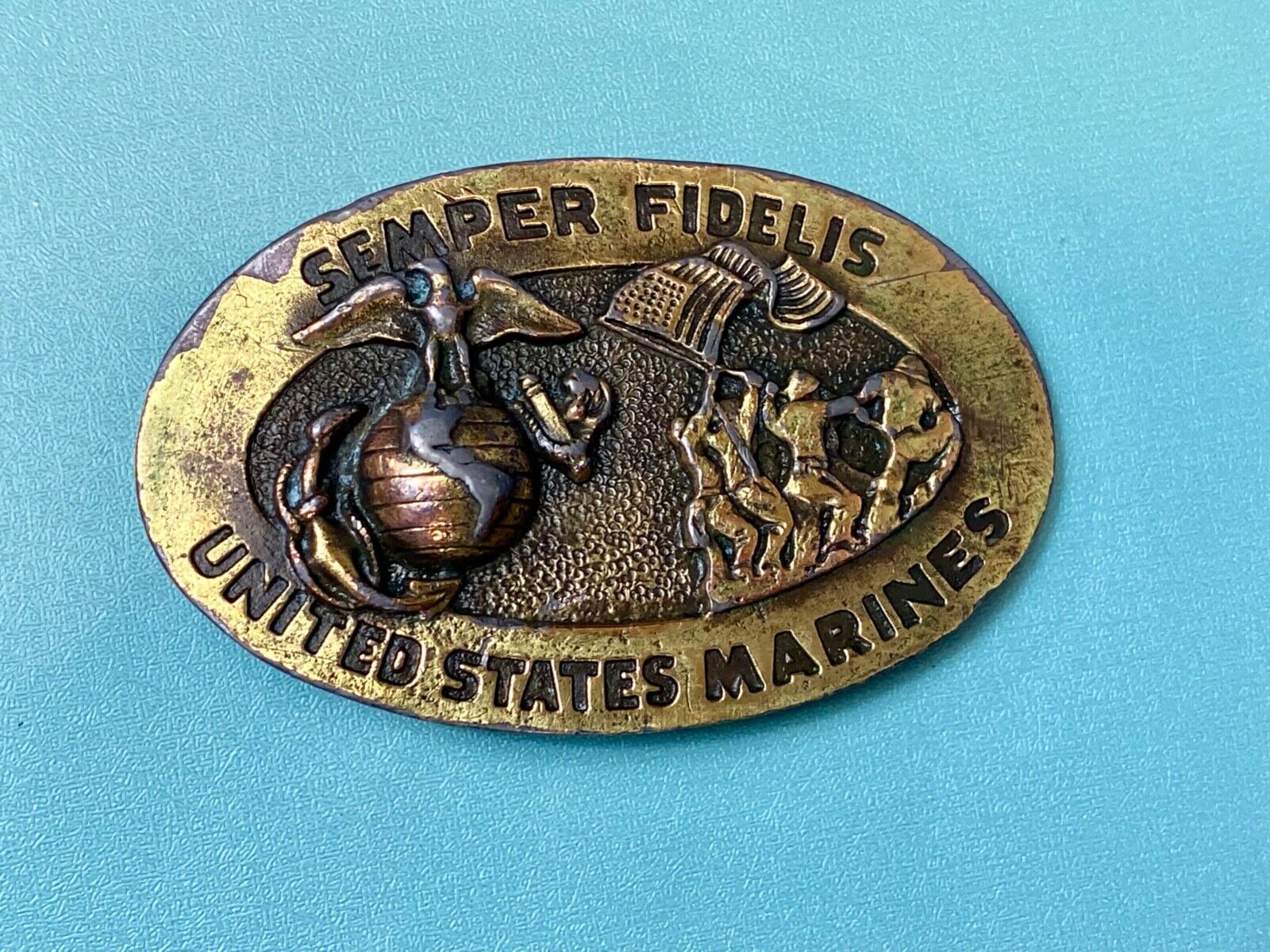 US Marines Semper Fidelis United States Vintage 4" wide brass Tone belt buckle