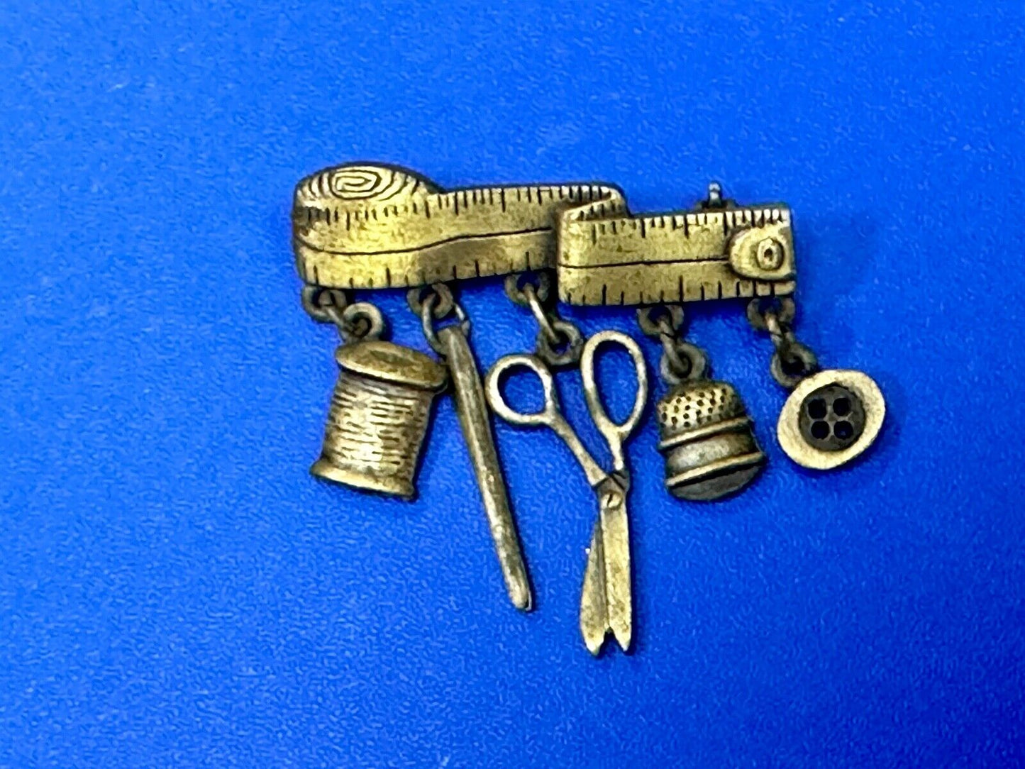 Sewing needle thread dangle charms JJ Signed vintage pewter brooch pin