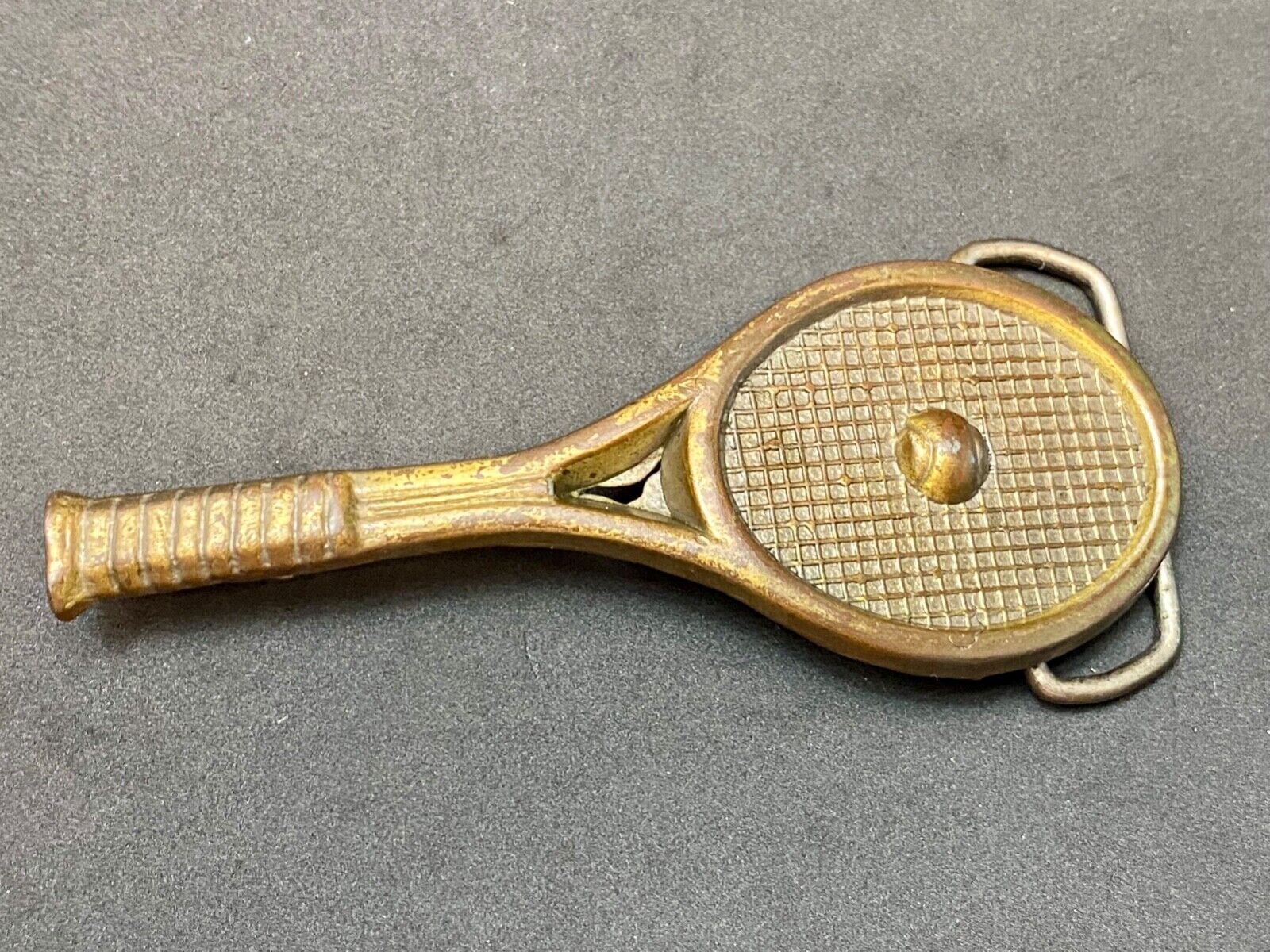 Unique Figural Tennis Racket and ball Sports Game brass tone belt buckle
