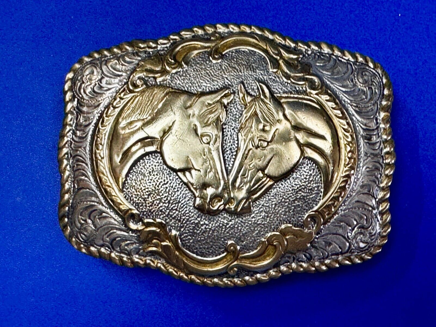 Two Horse Heads Vintage Crumrine Two Tone Western Belt Buckle