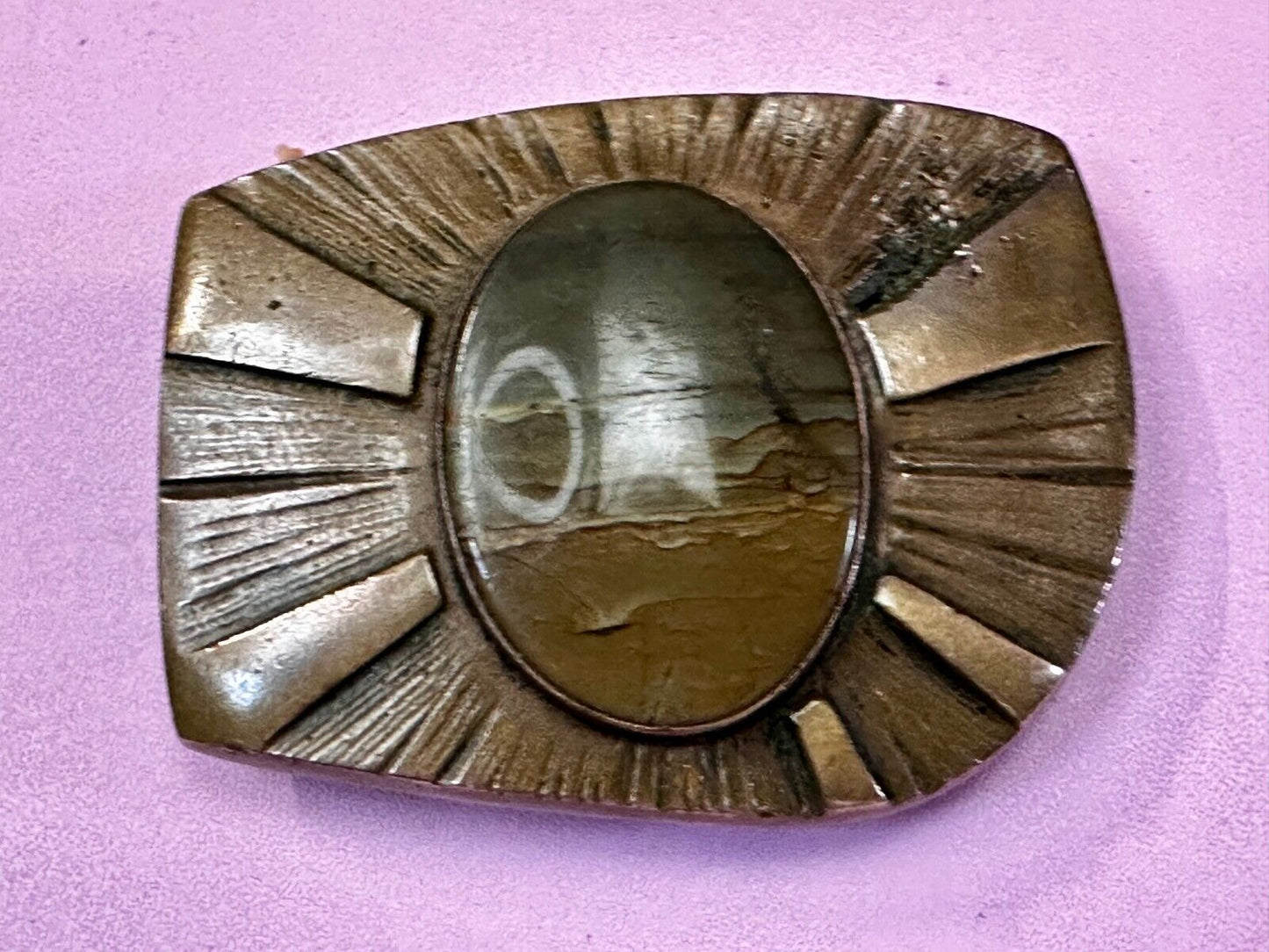 Art Deco Picture Jasper Cabochon Stone In Artisan Hippy Vibe Brass Belt Buckle