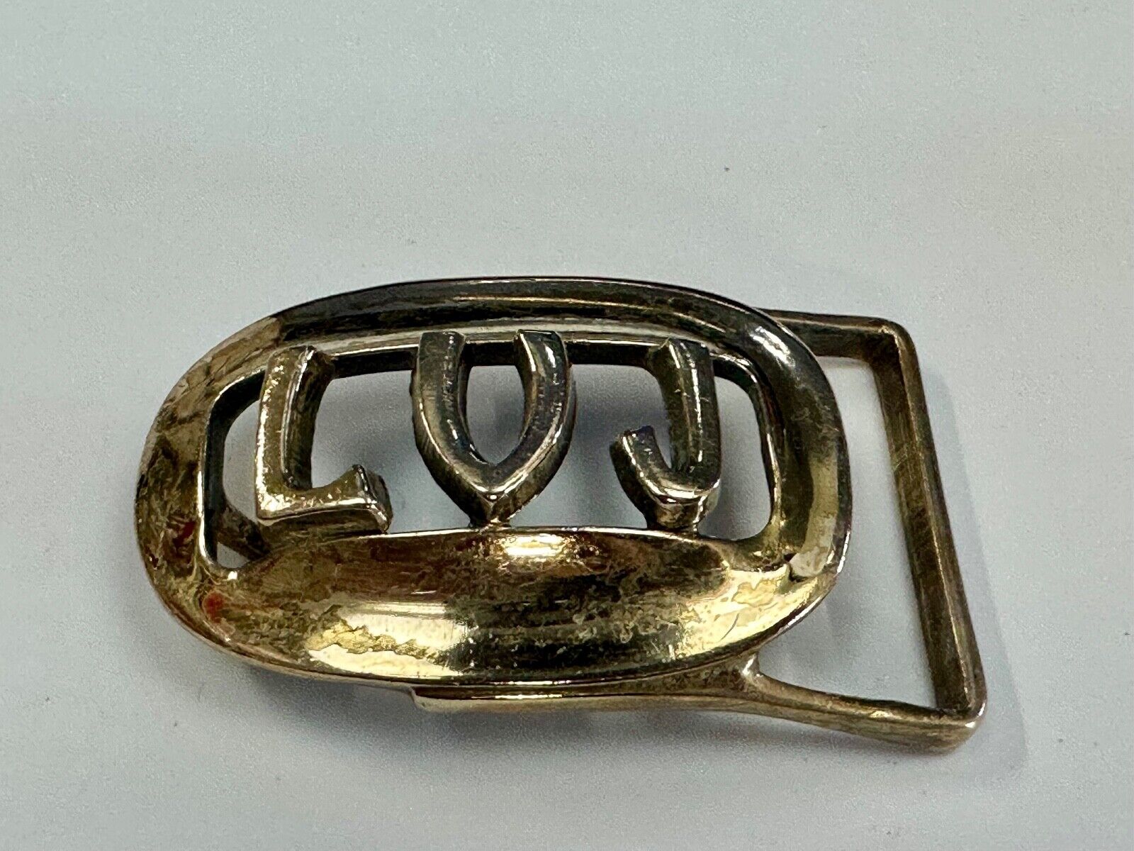 Vintage LVJ LUJ gold tone block letters cutout belt buckle