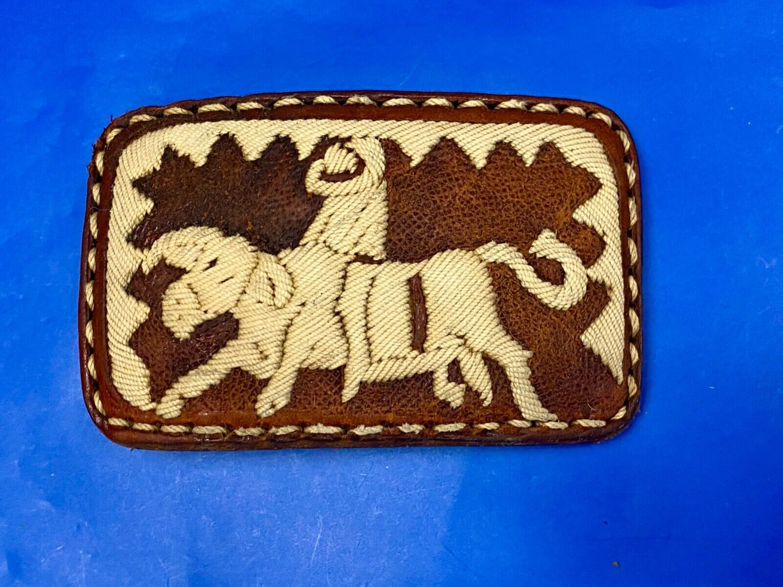Vintage Fabric Stitched Belt Buckle  Rodeo Cowboy On Wild Bull