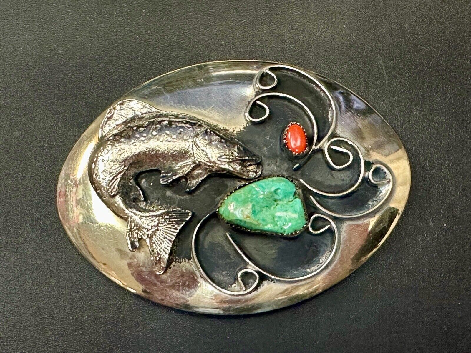 Bass Fish - Turquoise & Coral accented Native American Indian Style Belt Buckle