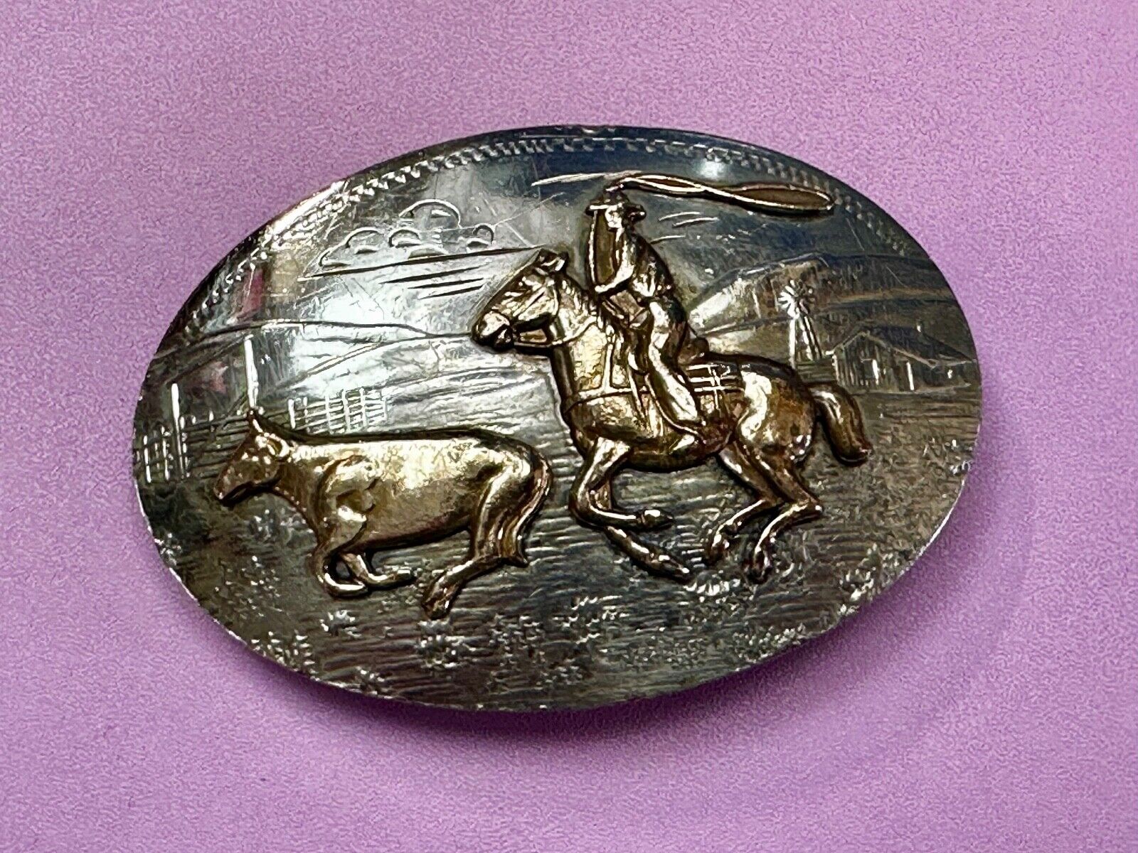 Two Horse Riding Cowboy's German Silver Belt Buckle by Comstock Silversmiths