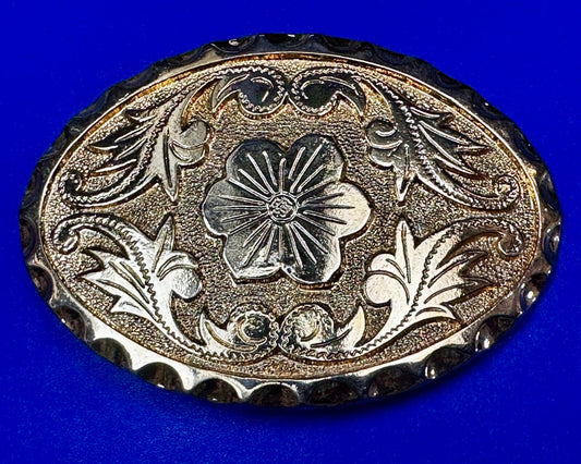 Vintage Etched Flower Floral Theme Western Oval Gold Tone Belt Buckle