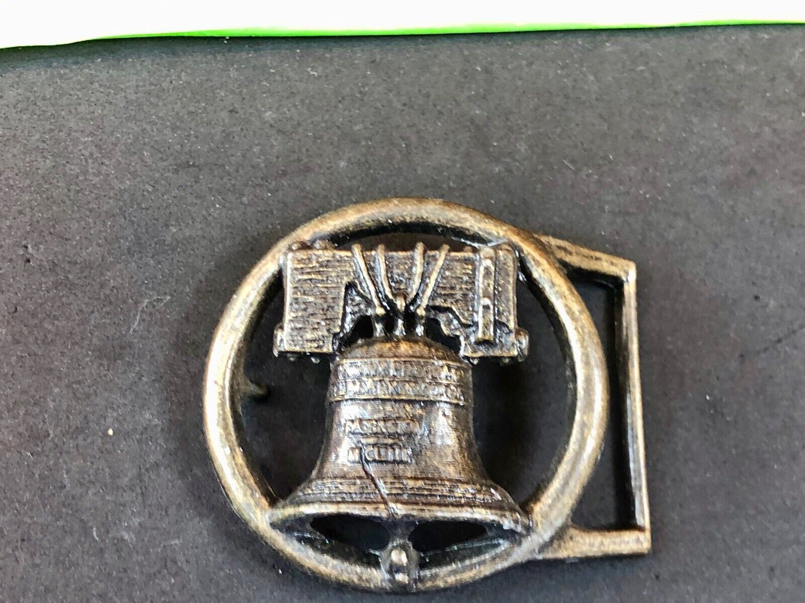 Vintage Figural Cut out Round Skeleton Liberty Bell Belt Buckle 